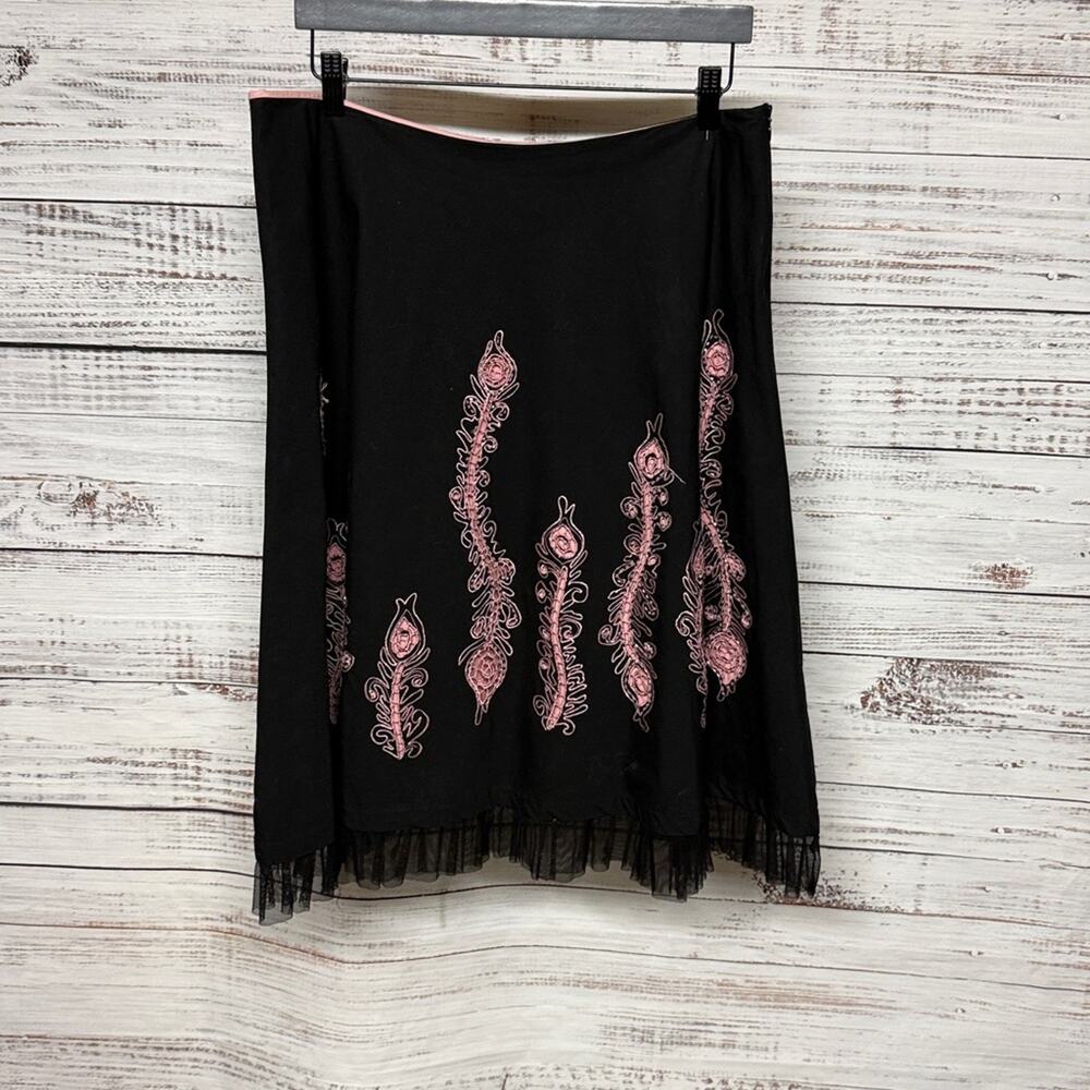 Anthropologie Basil & Maude Embroidered Flare Skirt Black Pink Size 14